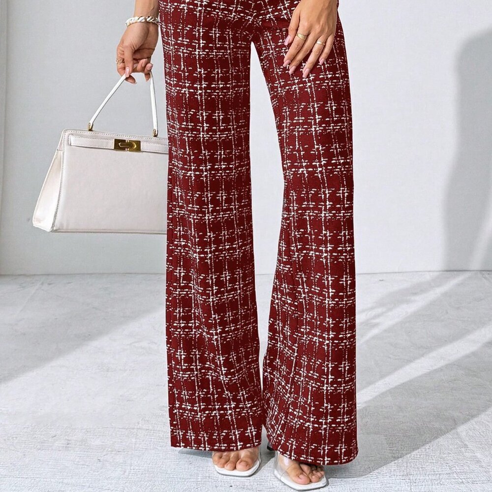 Burgundy Elegant Women's Plaid Knitted Pants - Picture 5 of 6